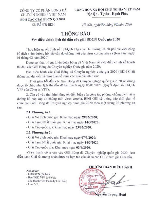 bong da chuyen nghiep viet nam bị hoan vi virus corona