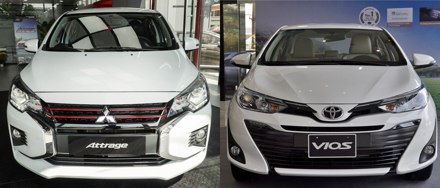 Phần đầu xe Mitsubishi Attrage 2020 và Toyota Vios 2020