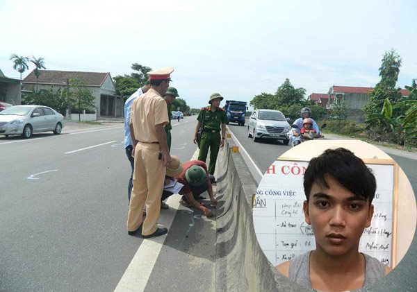 Cơ quan CSĐT khám nghiệm hiện trường. Lái xe hất văng CSGT (ảnh nhỏ) đã khai tên giả khi bị bắt giữ.