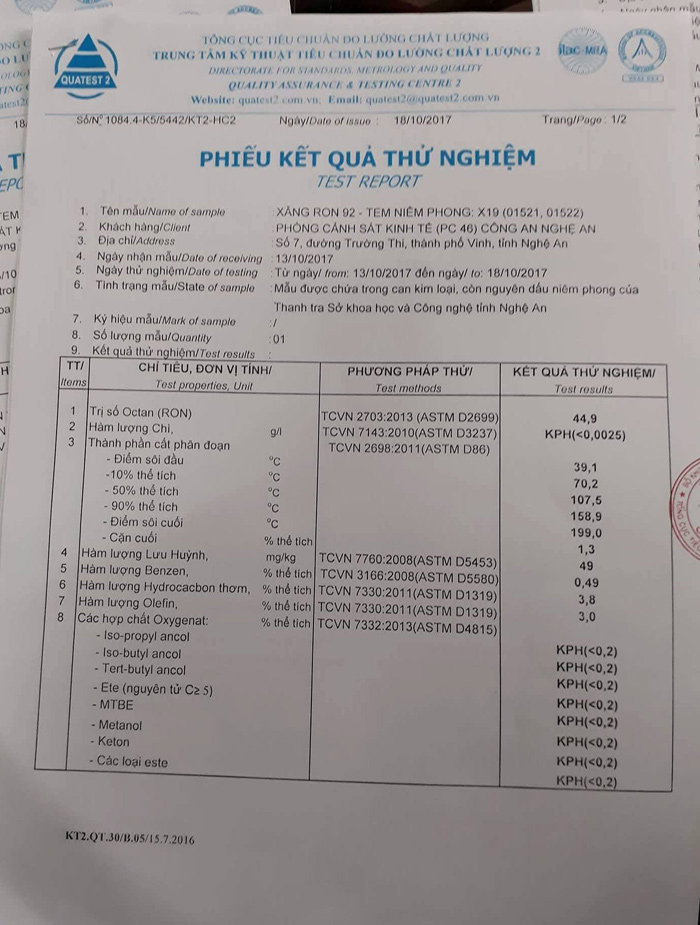 Kết quả thử nghiệm của công ty Cổ phần thương mại dầu khí Toàn Cầu vi phạm trị số ốc tan 44,9/92, nghĩa là xăng A92 nguyên chất ch ưa đến 50%.